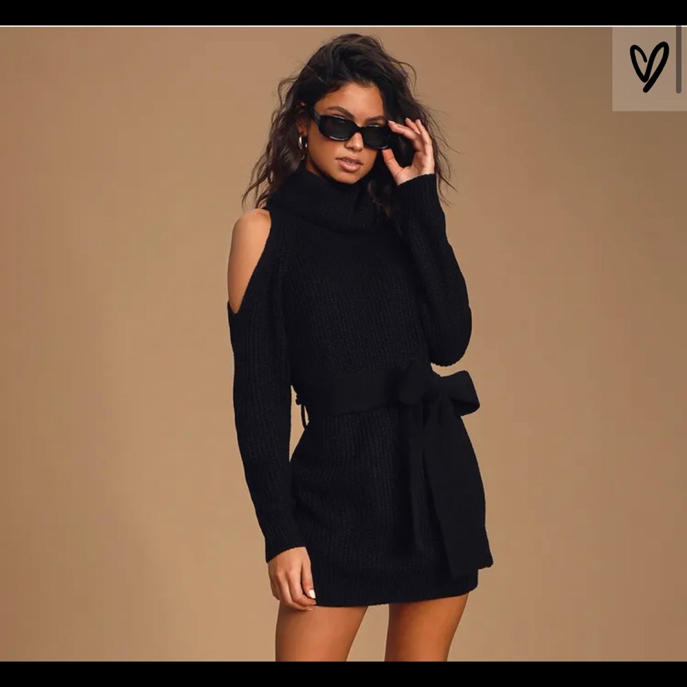 Black Turtleneck Cold-Shoulder Sweater Dress
